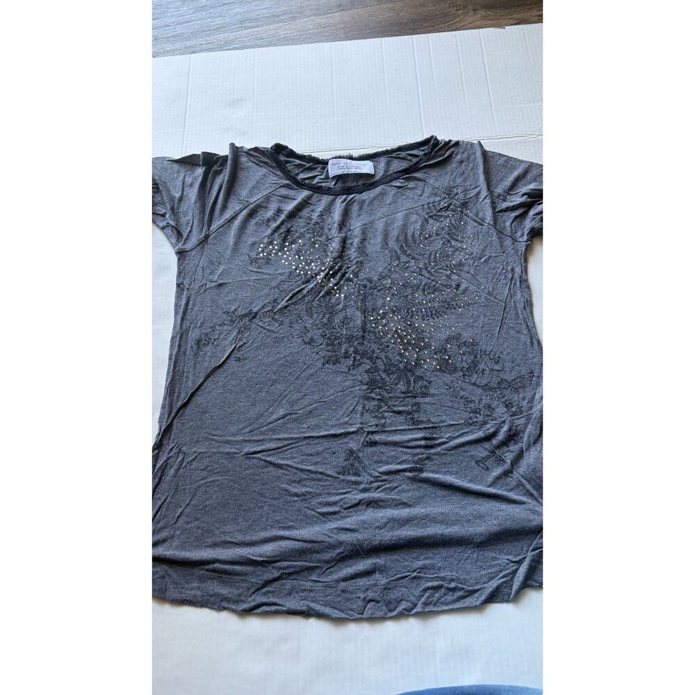 ZARA Collection Embellished Gray Graphic T-Shirt Rhinestone Studded Women's L